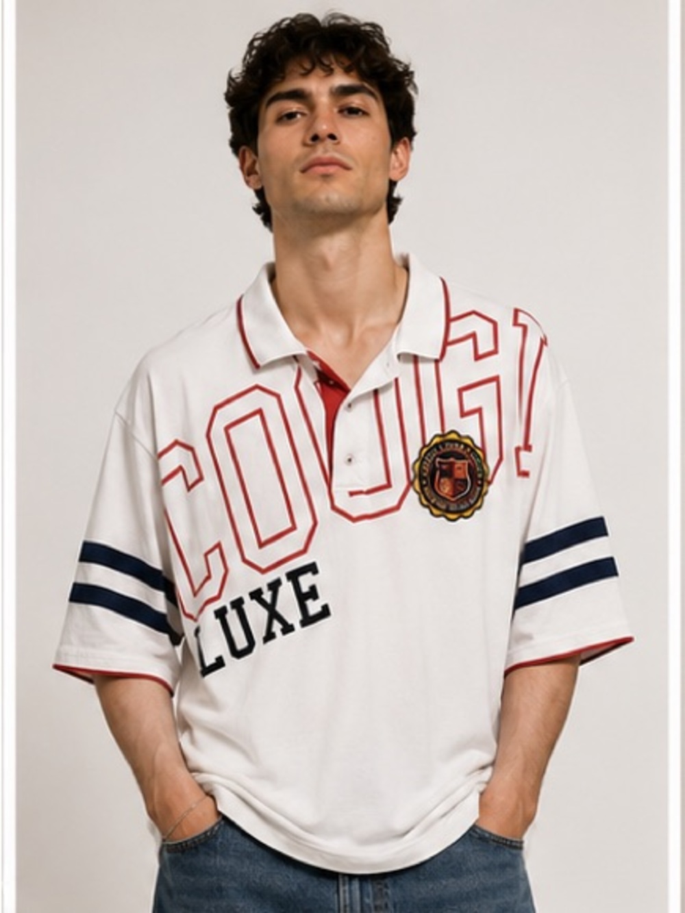 COOGI Luxe White Polo with Red Graphic and Navy Sleeve Stripes 4X